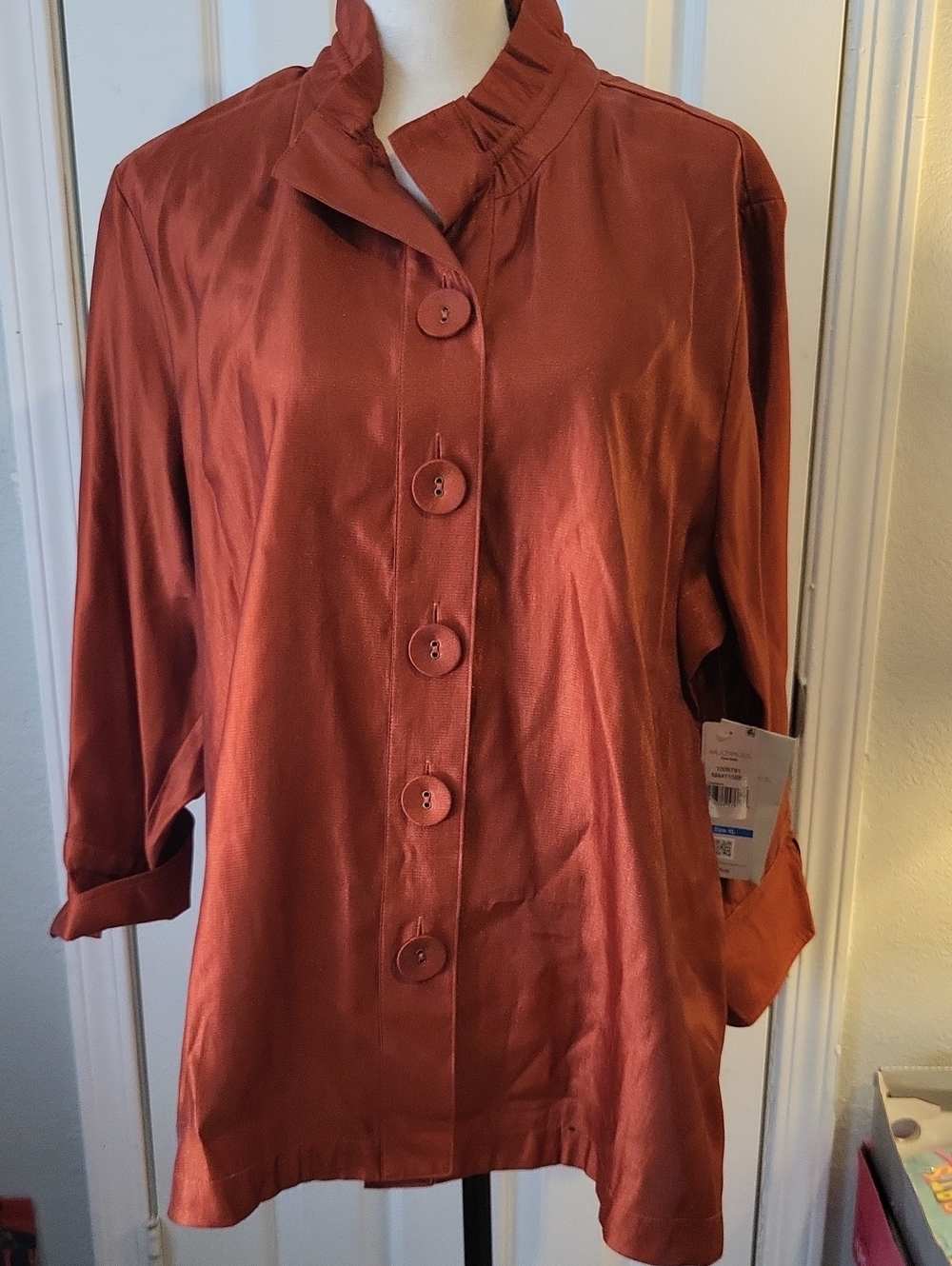 Multiples Shimmering Rust Colored Satin Button-Up Top